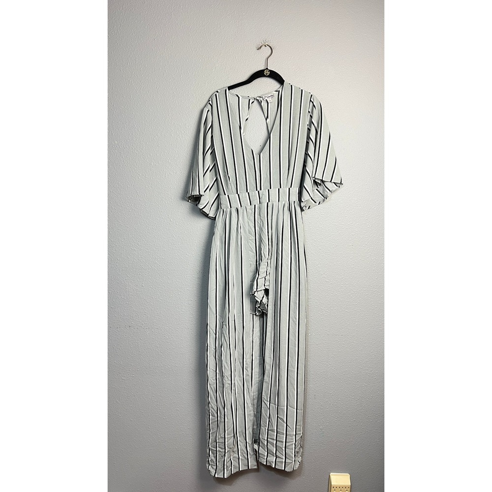 J for Justify Sage Green Striped Wide Leg Jumpsuit XL Flutter Sleeve Tie Waist